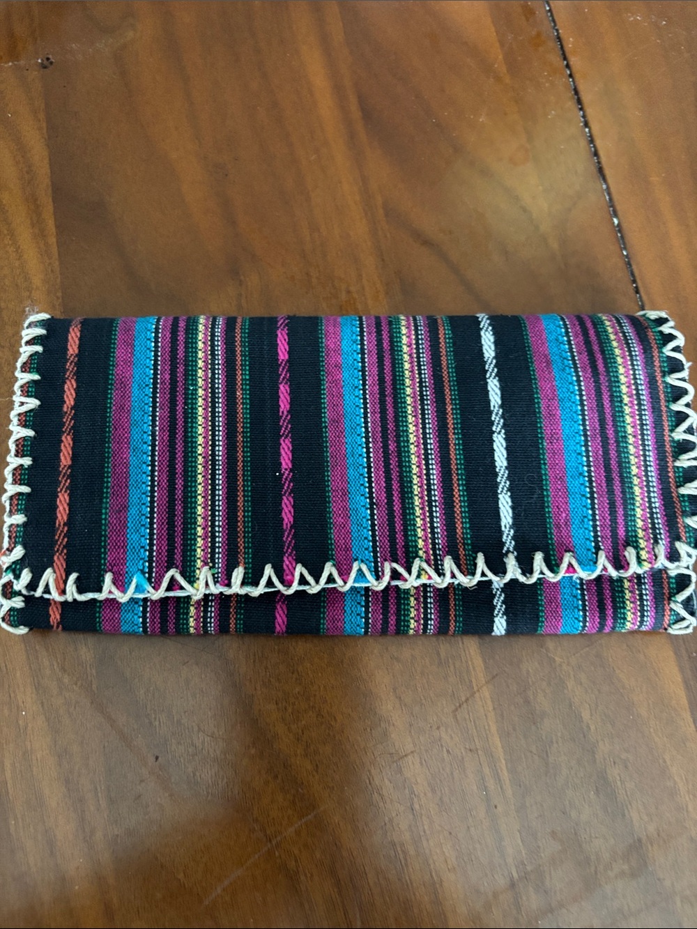 Handcrafted Striped Fold-Over Clutch in Black, Pink & Teal